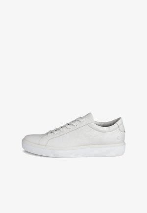 Biała skórzana niskoprofilowa tenisówka z sznurowaniem i teksturowaną podeszwą, widoczna od zewnętrznej strony na białym tle.