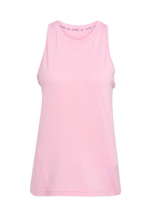 Pink sleeveless training top made of smooth fabric, featuring a rounded neckline and flat seams for comfort and movement.