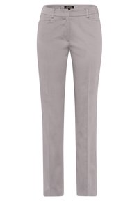 Šedé kalhoty na míru vyrobené z měkké látky, s rovnými nohavicemi, plochým předním dílem a jemnými detaily šití.