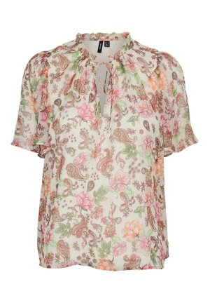 Blouse transparente à manches courtes avec col à volants, encolure à nouer, et motif floral paisley en tons de rose, vert, orange et marron sur fond blanc.