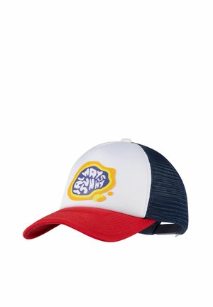 Tricolor baseball cap with red brim, white front panel, navy mesh back, and colorful abstract "ALWAYS FUNKY" logo on front.