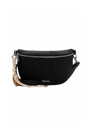 Zwarte stoffen heuptas met zilveren rits, afneembare band, beige koord en decoratieve hanger bevestigd aan een zilveren ring.