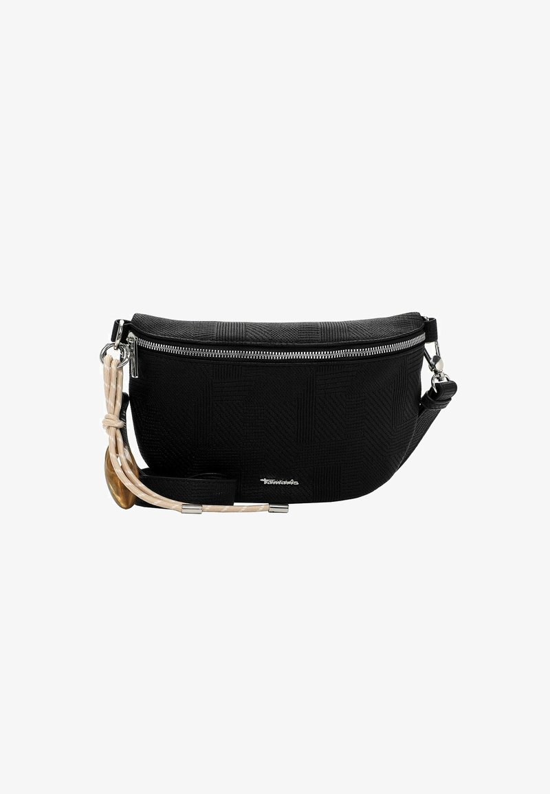Sac banane en tissu noir avec fermeture éclair argentée, sangle détachable, cordon beige et breloque décorative attachée à un anneau argenté.