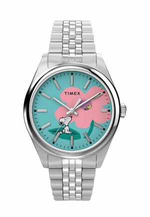 Silberne Timex-Armbanduhr mit türkisfarbenem Zifferblatt, pinker Blume und Snoopy-Figur, die einen gelben Vogel ansieht, Metallgliederarmband.