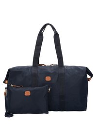 Borsa a tracolla blu navy realizzata in tessuto resistente, forma rettangolare, con manici e una piccola tasca staccabile con un'etichetta in pelle.