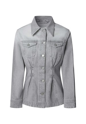 Veste en denim grise avec un col classique, fermeture à boutons, deux poches poitrine et coutures ajustées pour une silhouette fuselée.