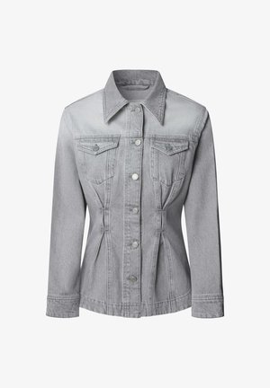 Grå denimjacka med klassisk krage, knäppning, två bröstfickor och skräddarsydda sömmar för en figursydd siluett.