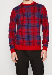 Rot- und lila kariertes Sweatshirt aus Strickstoff, mit Rundhalsausschnitt und gerippten Bündchen. Auffälliges schwarzes Karomuster überall.