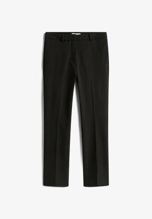 Sorte skræddersyede bukser med lige pasform, lavet af glat stof. Har bæltestropper og sidelommer, ingen synlige mønstre eller hardware.