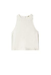 Top bianco senza maniche con scollo rotondo, una leggera lucentezza e orlo dritto. Presenta una zip posteriore per la chiusura. Tessuto dalla texture liscia.