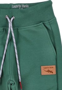 Groene joggingbroek met een geribbelde tailleband, grijze trekkoorden en een bruine leren patch met "Lagarto Verde" en een hagedisontwerp.