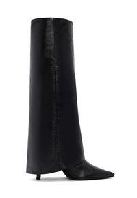 Zwarte leren kniehoge laars met een strakke pasvorm, spitse neus en een kleine hak. Gladde textuur met minimale accentdetails.