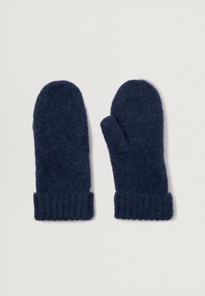 Mittens lavorati a maglia di colore blu navy con una texture morbida e pelosa e polsini a coste, progettati per calore e comfort nelle giornate fredde.