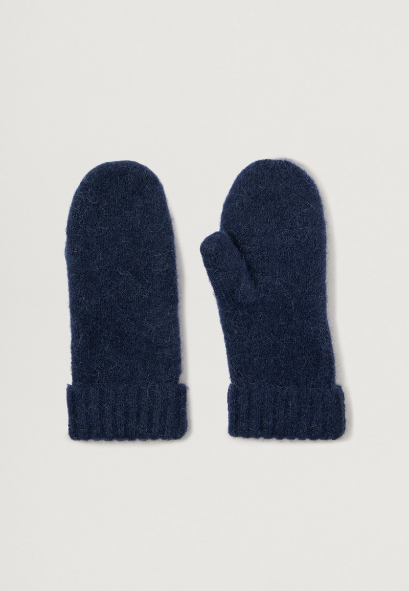 Mørkeblå strikkede vanter med en blød, fuzzy tekstur og ribbede manchetter, designet til varme og komfort i koldt vejr.