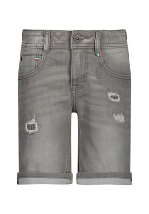 Szare dżinsowe szorty z podwiniętymi mankietami, przetartymi łatami, przednim guzikiem i małymi akcentami włoskiej flagi na kieszeniach.