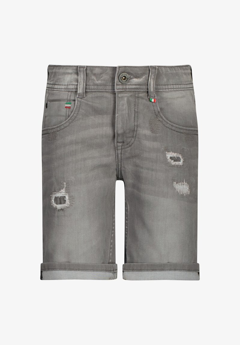 Shorts en denim gris avec revers roulés, patchs usés, bouton avant, et petits accents du drapeau italien sur les poches.