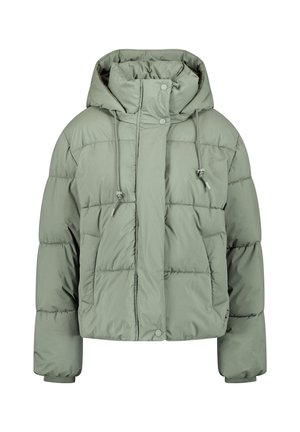 Kort pufferjack in lichtgroen met een hoge kraag, verstelbare trekkoorden, drukknoopsluiting en een gewatteerde textuur. Twee zijzakken.