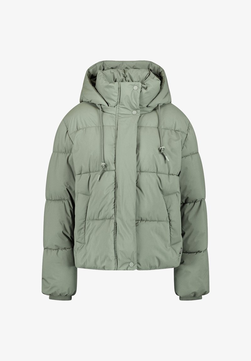 Cropped puffer jacket in light green with a high collar, adjustable drawstrings, snap buttons, and quilted texture. Two side pockets.