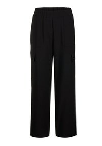 Zwarte cargobroek met een elastische tailleband, voorzien van twee voorzakken en zijcargozakken. Gemaakt van een soepele, lichte stof.
