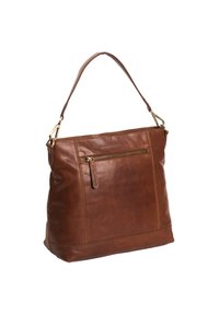 Bruine leren schoudertas met een gestructureerde vorm, voorzien van een ritszak aan de voorkant en een enkele schouderband. Gouden hardware accenten.