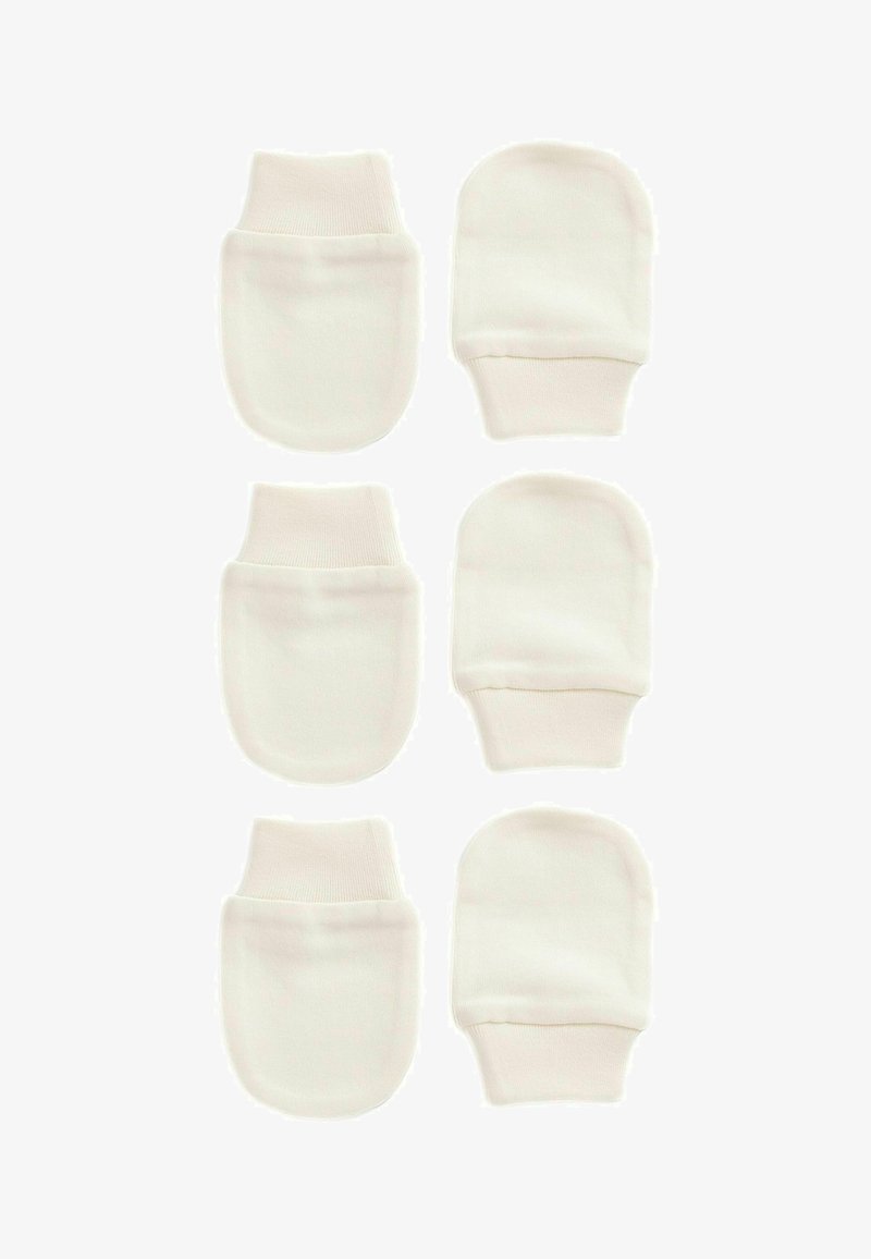 Sada šiestich mäkkých, bielych bavlnených rukavíc s pružnými manžetami. Navrhnuté na zakrytie rúk, s hladkou textúrou a zaoblenými okrajmi.