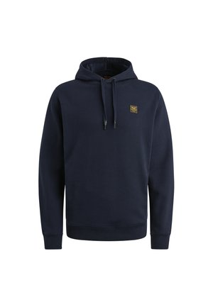 Mornarsko modra kapuca, izdelana iz mehkega blaga. Ima sprednji kenguru žep, kapuco s vrvico in majhen logotipni znak na prsih.