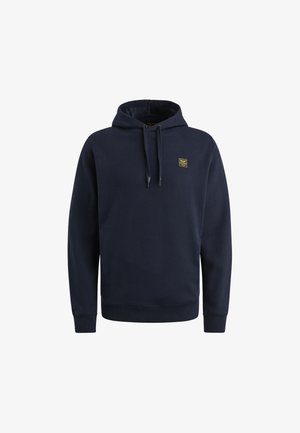 Mornarsko modra kapuca, izdelana iz mehkega blaga. Ima sprednji kenguru žep, kapuco s vrvico in majhen logotipni znak na prsih.