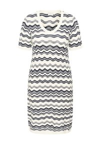 Robe en maille mi-longue à manches courtes avec des rayures ondulées horizontales alternées en noir et blanc et un col arrondi.