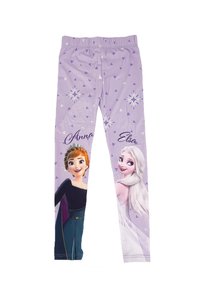 Fioletowe legginsy z Anną i Elsą z Krainy Lodu, o miękkiej teksturze, elastycznym pasku w talii oraz wzorzystym tle w trójkąty i płatki śniegu.