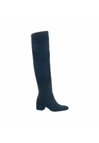 Knielange, marineblau suede laarzen met een vierkante blokhak en een spitse neus, met een gladde textuur en een eenvoudig ontwerp.