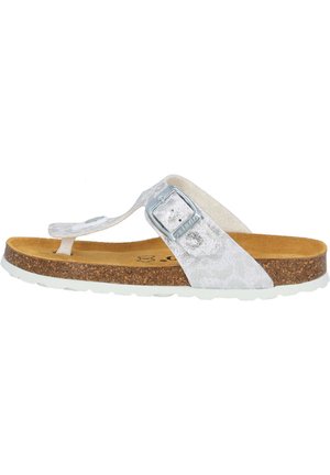 Silberne Flip-Flop-Sandale mit strukturiertem Riemen, metallischem Schnallen-Detail, Korkfußbett und weißer Gummisohle.