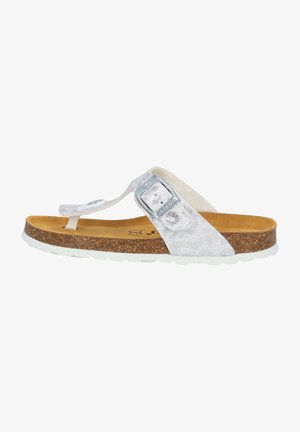 Silver flip-flop sandal with textured strap, metallic buckle detail, cork footbed, and white rubber sole.