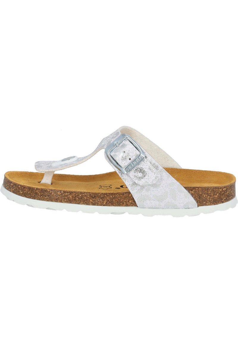 Sølv flip-flop sandal med struktureret rem, metallisk spænde detaljer, kork fodseng og hvid gummisål.