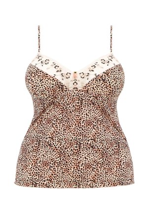 Leopard-print camisole with lace detailing and adjustable straps. Features a V-neckline and a small bow accent at the center.