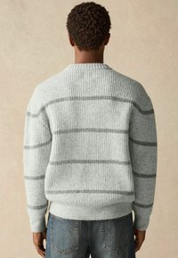 Grijs gestreepte trui met een textuurgebreide stof, ronde halslijn en geribde boorden. Gekleed met blauwe spijkerbroek, gezien van de achterkant.