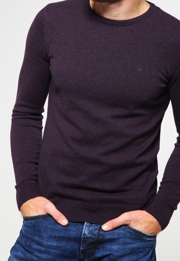 Pull violet à manches longues en tissu tricoté doux, doté d'un col rond et de poignets côtelés, porté avec un jean bleu. Aucun logo visible.