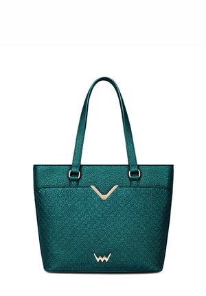 Teal textured tote bag with gold hardware, diamond pattern, dual handles, and a decorative V-shape accent on the front.