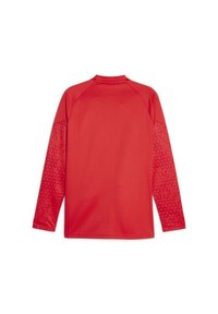 Rode lange mouwen shirt gemaakt van een gestructureerde stof, met een effen rode body en gemusterde mouwen met geometrische accenten. Ronde halslijn.