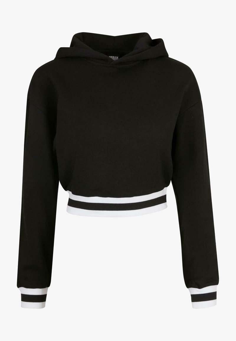 Fekete, cropped kapucnis pulóver hosszú ujjakkal, húzózsinóros kapucnival, és kontrasztos fehér csíkokkal az alján és az ujjak mandzsettáján. Puha anyagból készült.