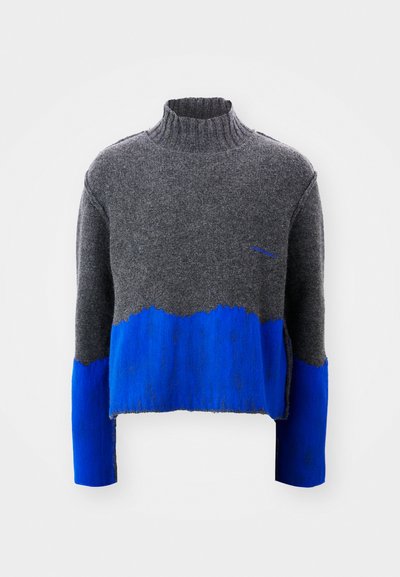 Gray sweater with a cropped design, blue bottom half, high neck, and loose fit. Textured fabric with frayed edges along the hem and sleeves.