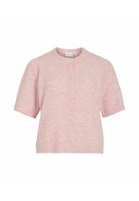 Cardigan rosa a maniche corte realizzato in morbido materiale, con scollatura tonda, chiusura con bottoni e una sottile texture su tutta la superficie.