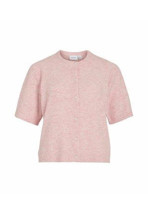Korte mouwen roze cardigan gemaakt van zacht materiaal, met een ronde halslijn, knoopsluiting en subtiele textuur over de gehele stof.