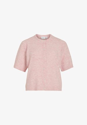 Cardigan rose à manches courtes en matériau doux, avec un col rond, une fermeture à boutons et une texture subtile sur l'ensemble.