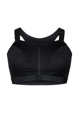 Reggiseno sportivo nero realizzato in materiale elasticizzato, con cerniera frontale, spalline larghe e una fascia di supporto, caratterizzato da una texture liscia e un design aderente.