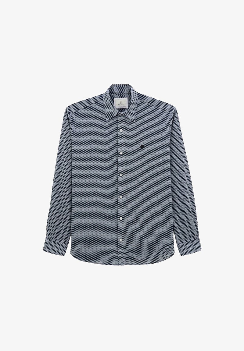 Chemise à manches longues navy et blanche avec un motif géométrique, col boutonné, fermeture à boutons à l'avant et petit logo sur la poitrine.