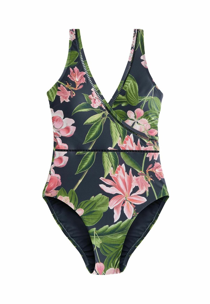 Eén stuk badpak in marineblauw met grote roze bloemenprint en groene bladeren. Heeft een diepe V-hals en kruisrugontwerp. Smooth textuur.