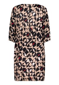 Kurzärmeliges Kleid aus beigem Stoff mit einem abstrakten Blättermuster in Schwarz, Weiß und Rot. Mit einem dezenten Reißverschluss am Rücken.