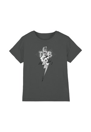 Dark gray t-shirt with black and white graphic of a musician playing guitar, large letters "T-B", a crown, and a lightning bolt.