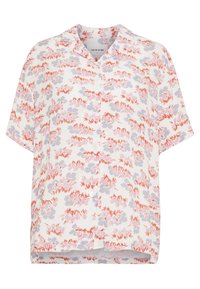Short-sleeve, button-up shirt in white with a floral pattern in red and lavender. Soft fabric; relaxed fit; pointed collar.