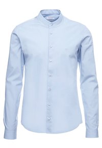 Light blue long-sleeve shirt with a Mandarin collar, buttoned front, and subtle texture, featuring a small embroidered logo on the chest.